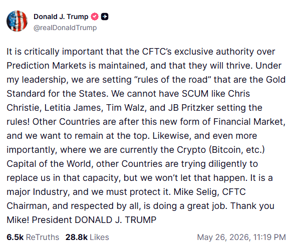 Crypto : le président Trump défend les marchés prédictifs et la CFTC contre certains États US