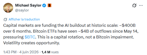 Bitcoin plonge vers 61 000 dollars, Michael Saylor pointe du doigt l’IA