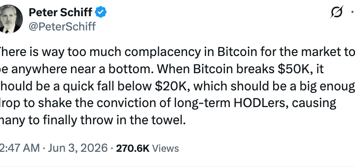 « Bitcoin devrait tomber sous les 20 000 $ » : La nouvelle prédiction diabolique de Peter Schiff sur le BTC