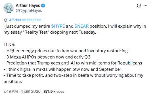 Arthur Hayes vend ses cryptos HYPE et NEAR et provoque la colère de la cryptosphère