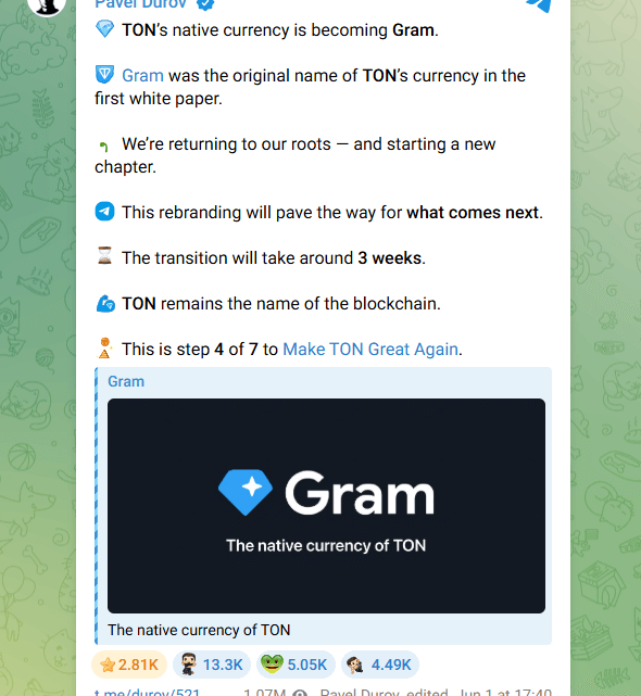Telegram : The Open Network  renomme le TON en GRAM, la crypto explose de 15% !